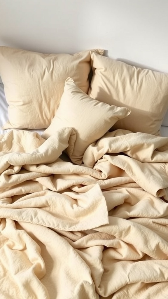 Cozy beige layered bedding with multiple pillows and blankets