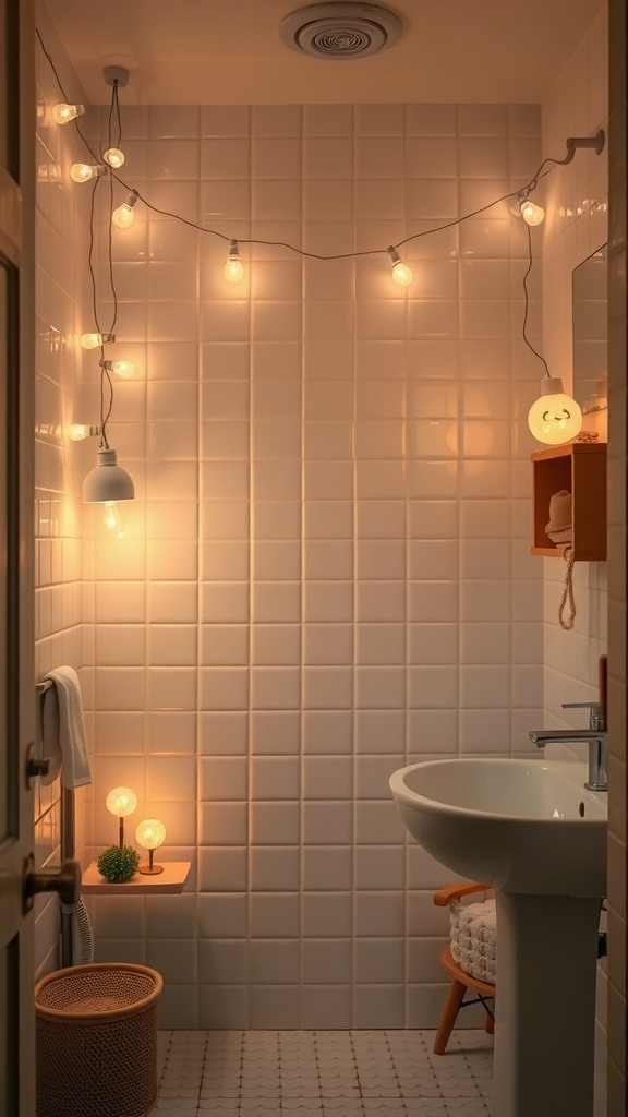 Cozy bathroom with warm lighting, featuring string lights and decorative elements