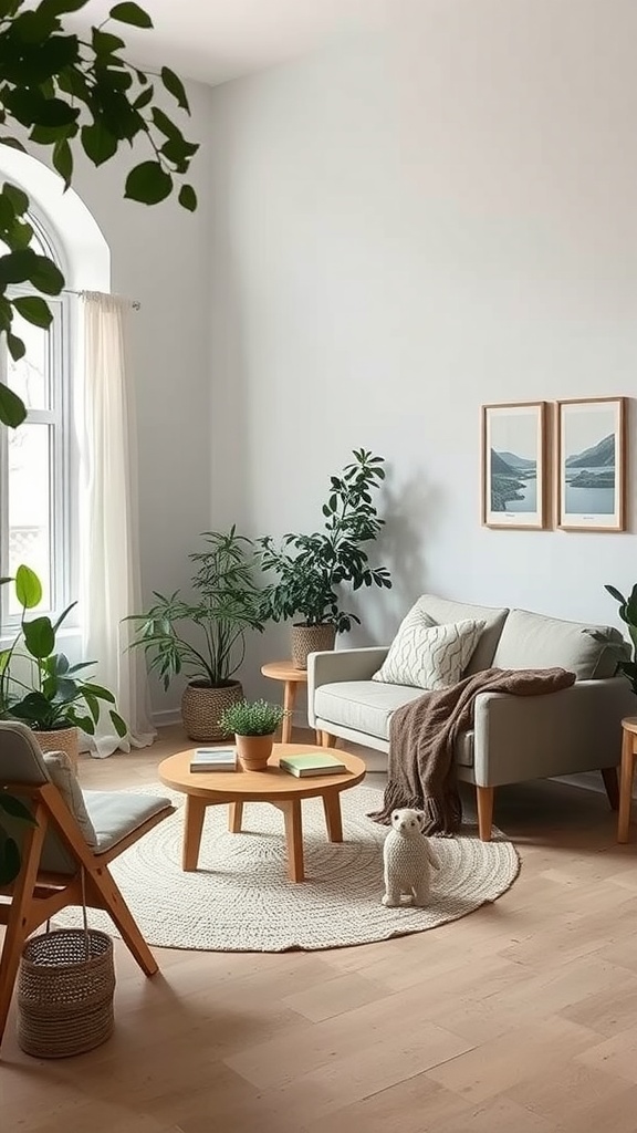 A cozy minimalistic living room with plants, light colors, and wooden furniture