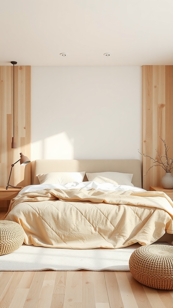 Cozy bedroom with beige bedframe, textured blanket, wooden walls and flooring, and round poufs