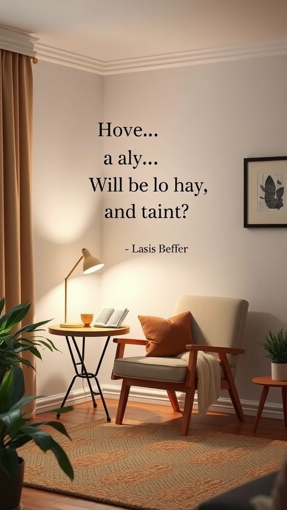 A cozy living room nook with an armchair, side table, lamp, and plants.