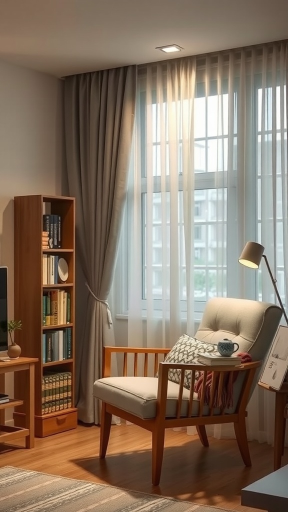 A cozy nook in a Korean living room featuring a wooden armchair, a small bookshelf, and ample natural light.