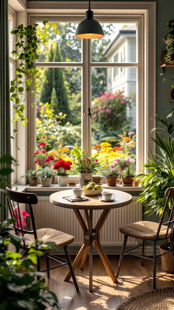 A cozy kitchen nook with a view of a flower garden, featuring a round table and two chairs.