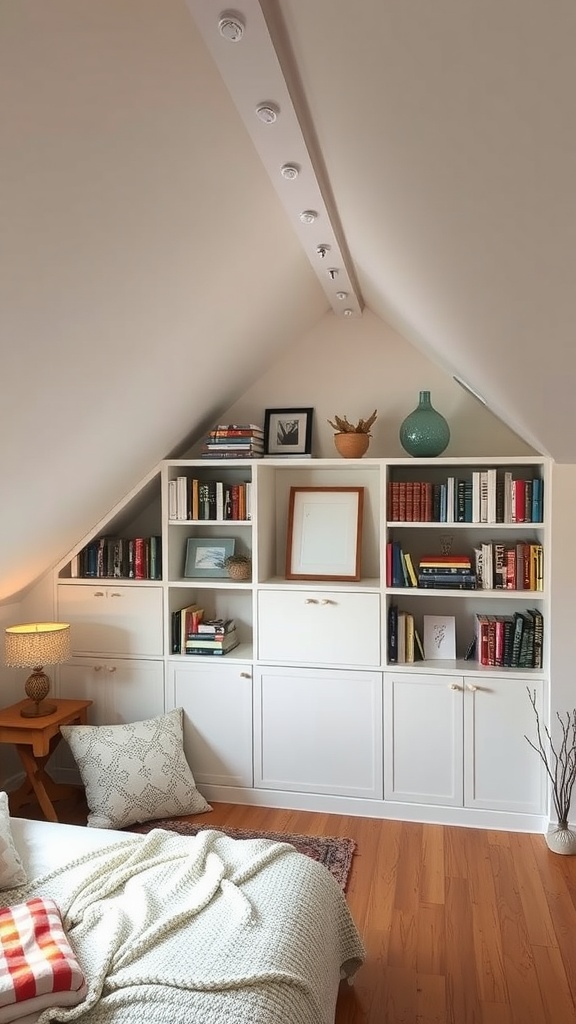 Cozy attic bedroom nook with built-in shelves, a bed, and warm lighting.