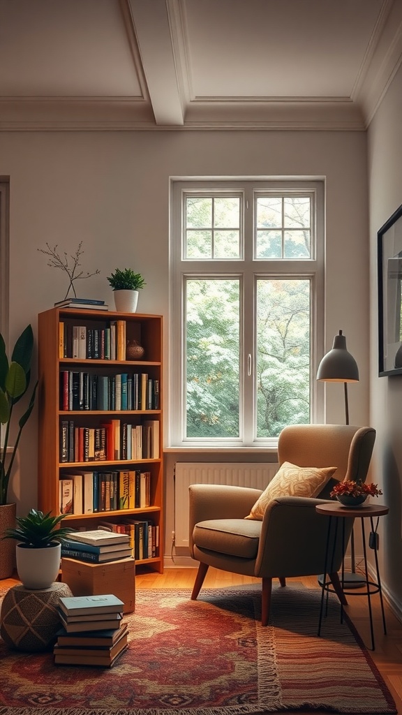 A cozy reading corner with an armchair, a bookshelf filled with books, and natural light coming through the window.