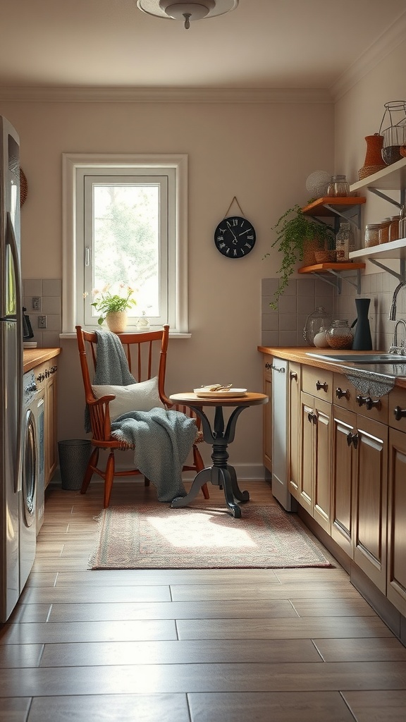 A cozy kitchen corner with a rocking chair, small table, and plants by the window.