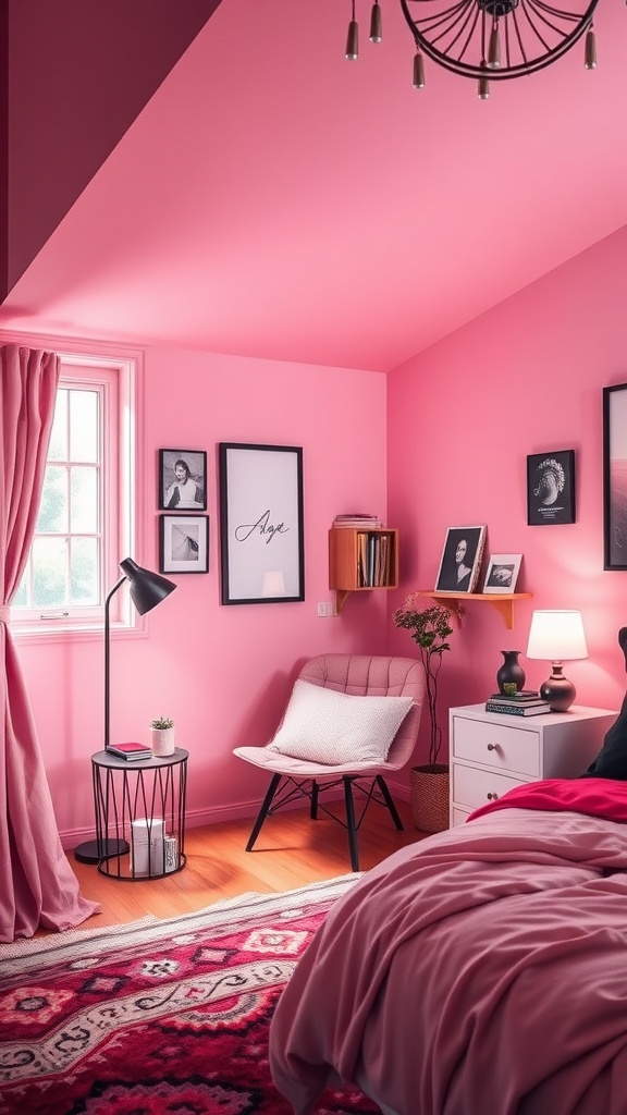 Cozy nook in a pink and black bedroom with a chair, lamp, and decorative elements