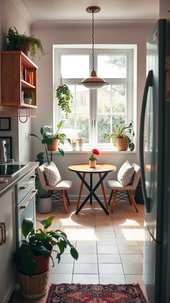 A small cozy kitchen with a round wooden table, two chairs, and plants near a sunny window.