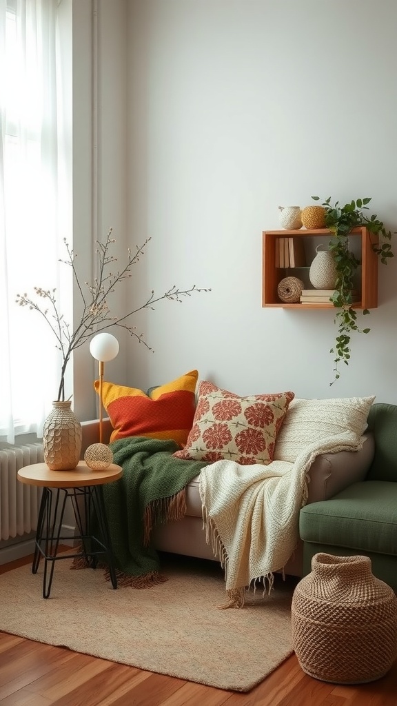 A cozy living room corner with layered textiles, including colorful cushions and warm throws.