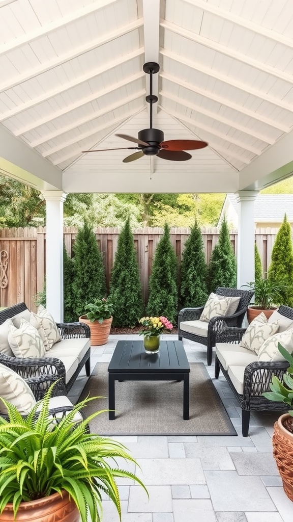 Cozy outdoor living room on a covered back patio with seating and plants