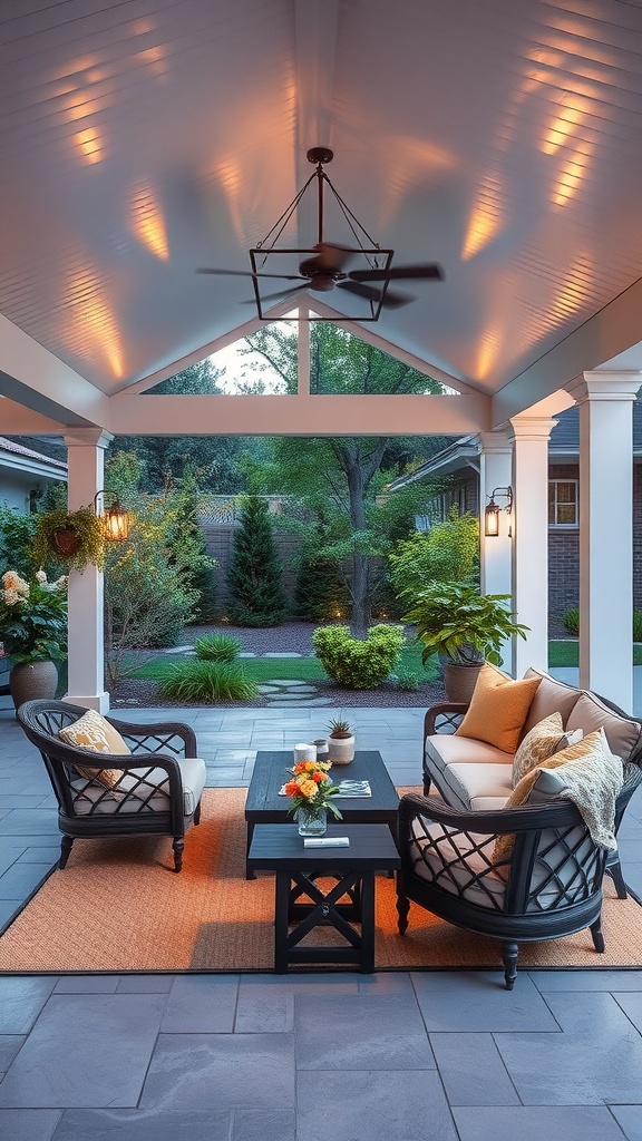 A cozy outdoor living room with comfortable seating, a coffee table, and soft lighting in a covered patio.