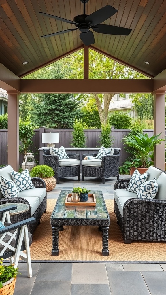 Cozy outdoor living room with comfortable seating and greenery