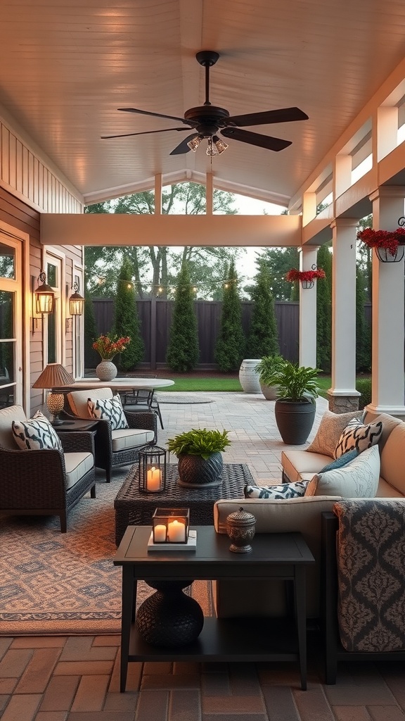 Cozy outdoor living room with comfortable seating, warm lighting, and decorative plants.