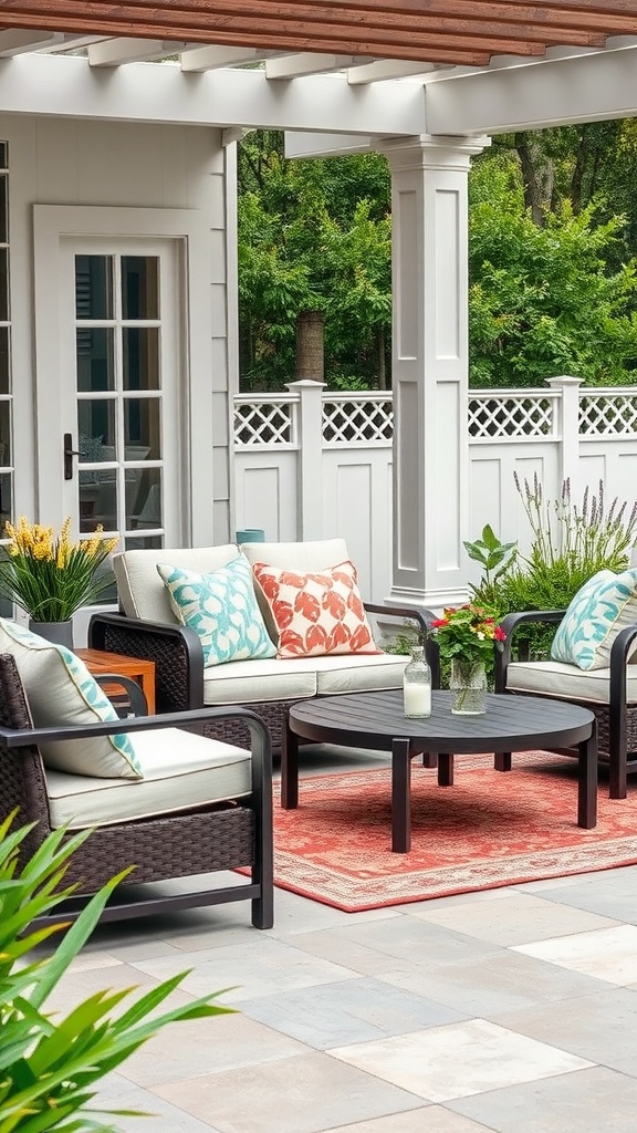 Cozy outdoor lounge area with comfortable seating, a coffee table, and vibrant cushions.