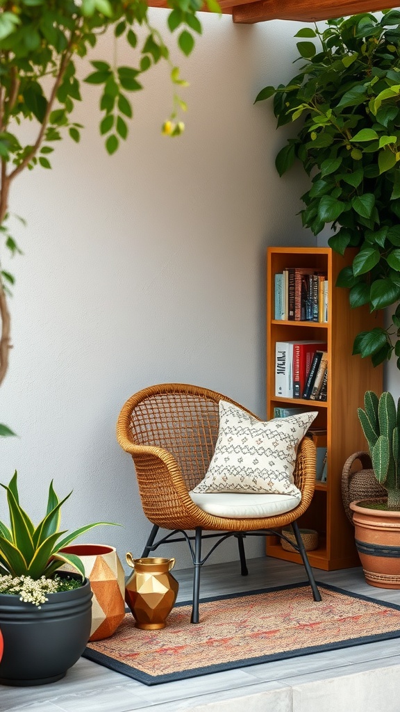 A cozy outdoor reading nook with a wicker chair, colorful plants, and a small bookshelf.