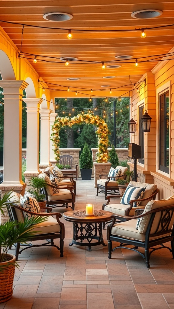 Cozy outdoor seating area with comfortable chairs, decorative lights, and floral arch.