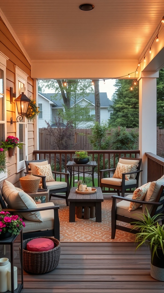 A cozy outdoor seating arrangement featuring comfortable chairs, a central table, and decorative lighting in a warm setting.