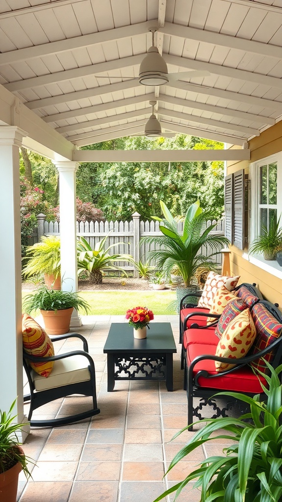Cozy outdoor seating arrangement with red cushions, a small table, and surrounding plants.