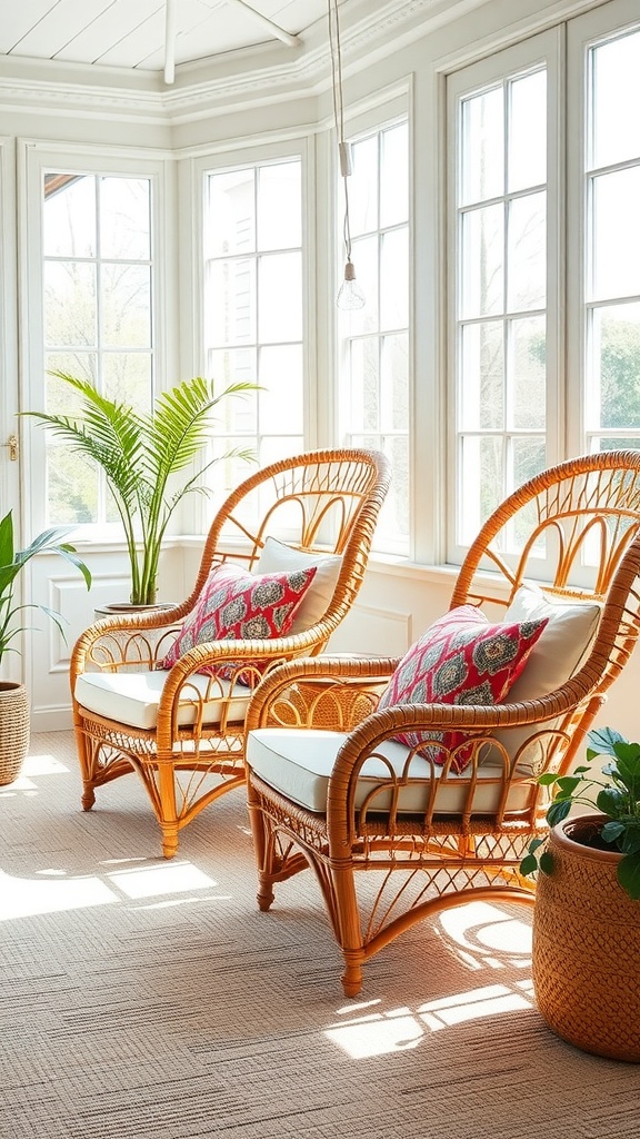 Two cozy rattan lounge chairs with colorful cushions in a sunroom filled with natural light