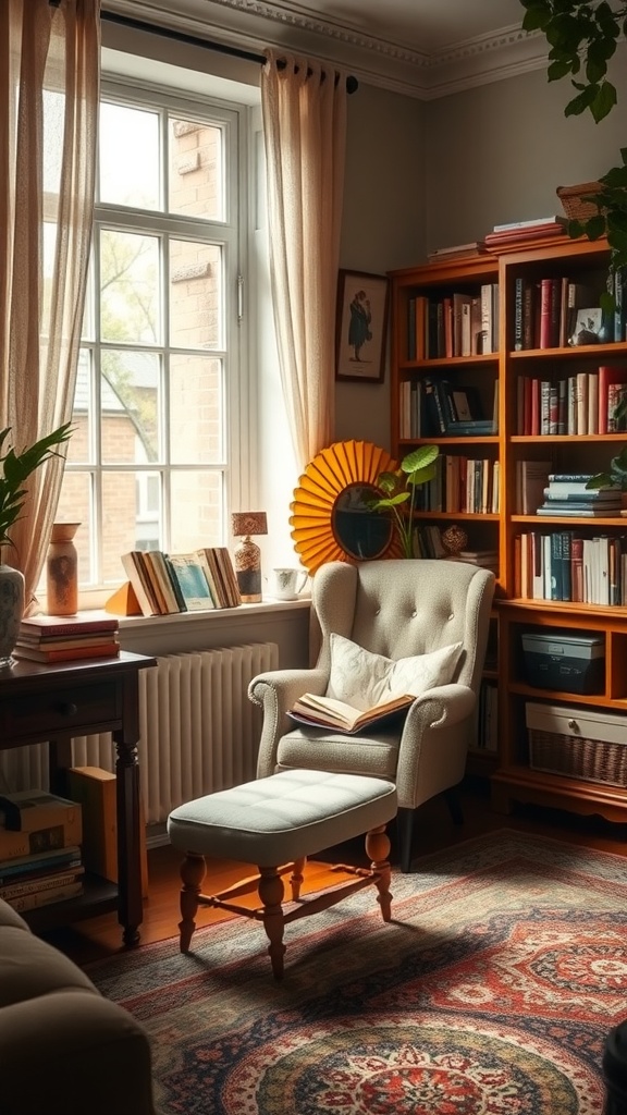 A cozy vintage reading nook with a comfortable chair, bookshelves, and warm lighting.