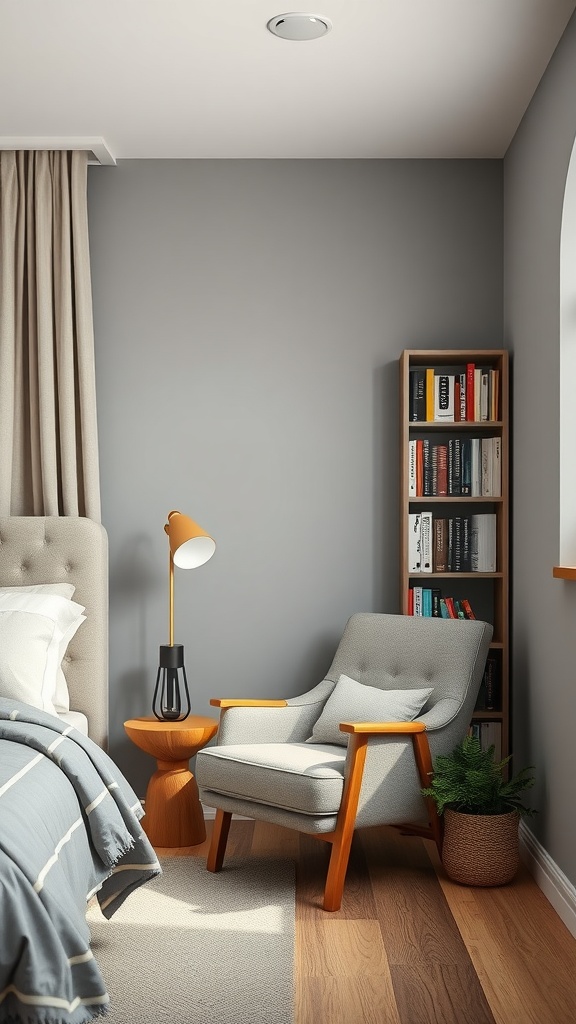Cozy reading nook in a gray and beige bedroom with a comfortable chair, side table, and bookshelf.
