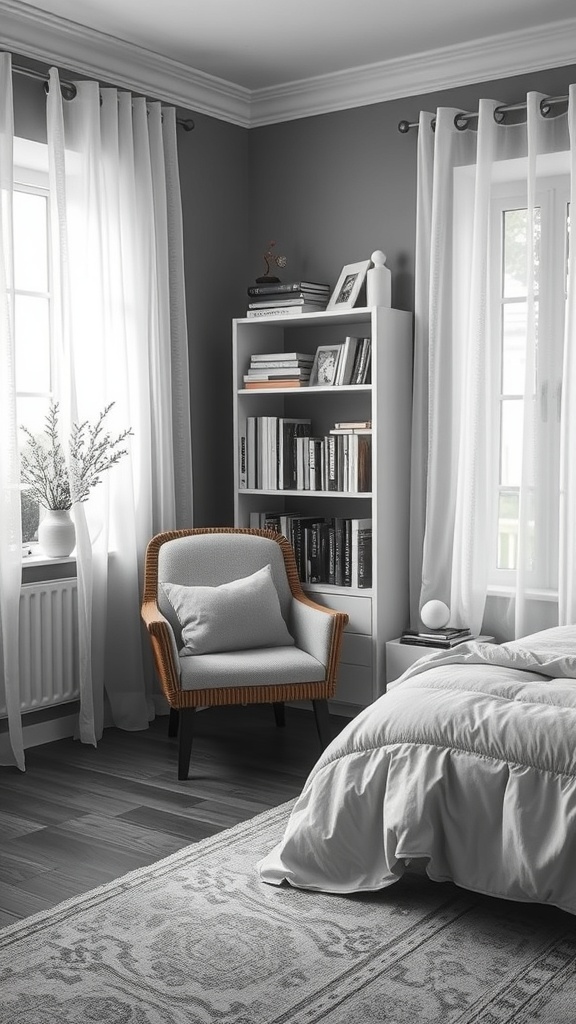 Cozy reading nook with a comfortable chair, bookshelf, and soft lighting.