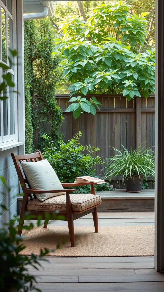 A cozy backyard reading nook with a wooden chair, soft cushion, and surrounding greenery.