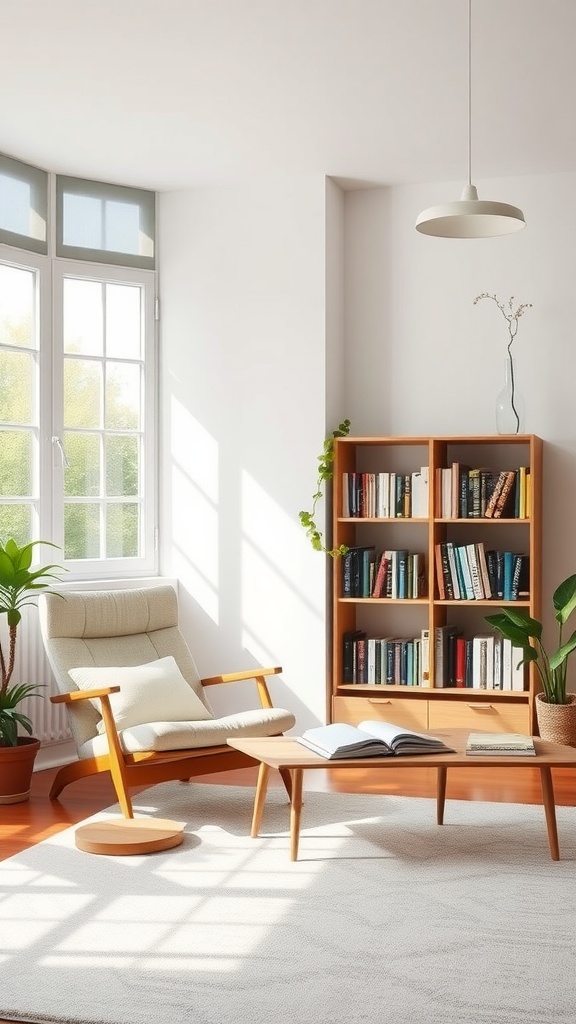 Minimalist living room with a cozy reading nook featuring a comfortable chair, bookshelf, and plants