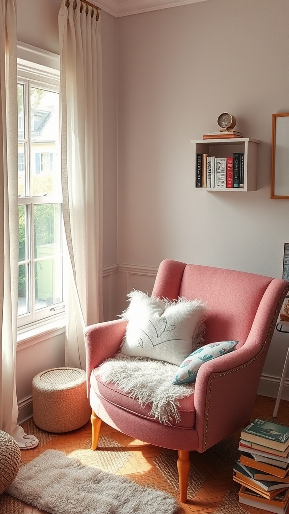 A cozy reading nook featuring a pink chair with cushions, a small bookshelf, and natural light coming through the window.