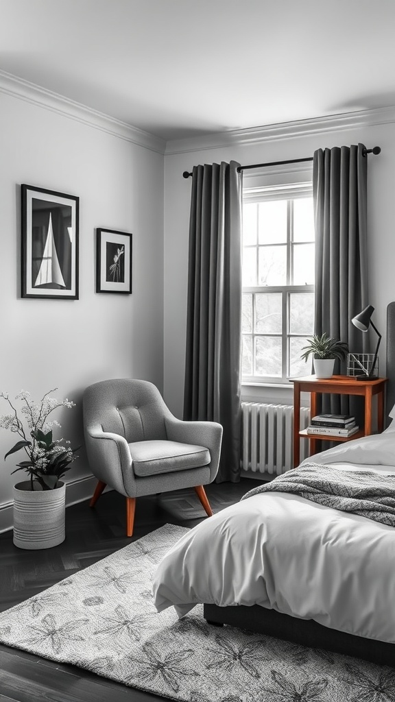 Cozy reading nook in a black, white, and grey bedroom featuring a grey armchair, framed artwork, and a small side table.