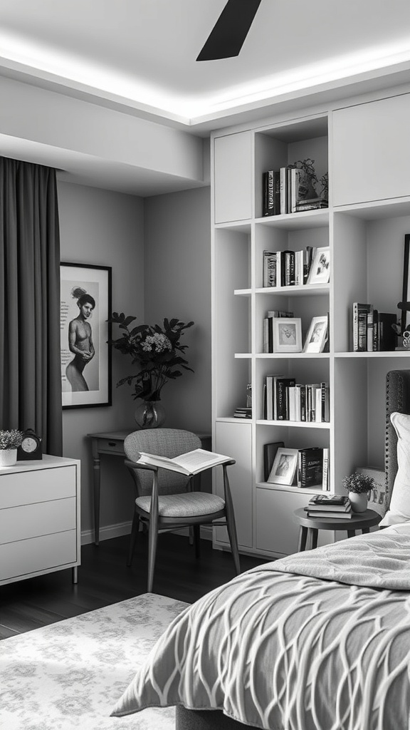 Cozy reading nook in a black and white bedroom with a chair, bookshelves, and a small table.
