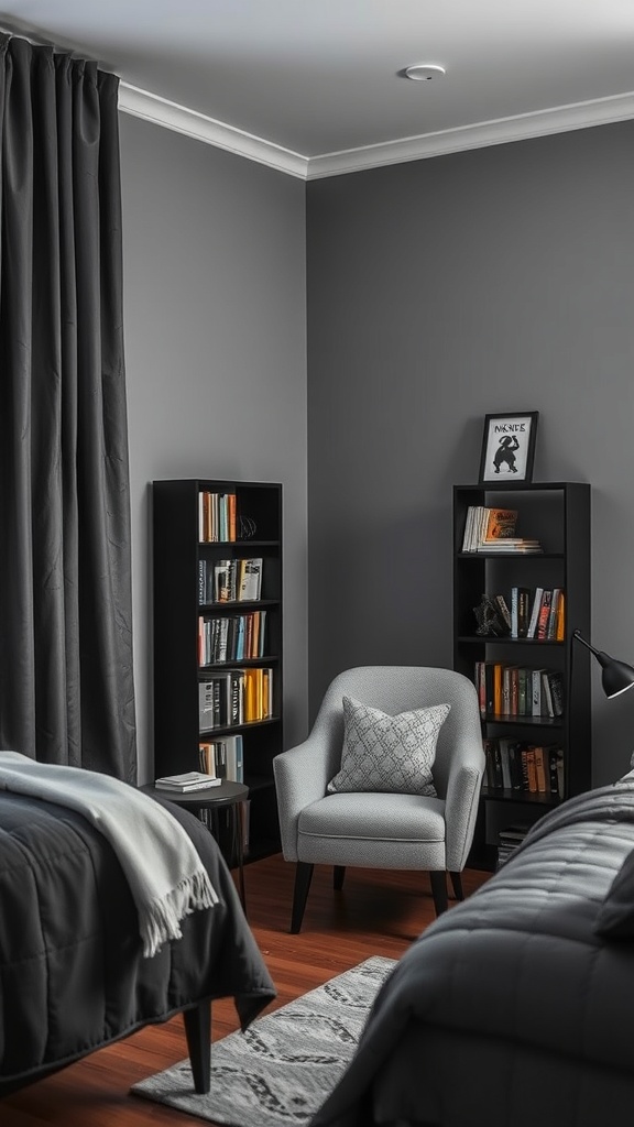 A cozy reading nook in a gray and black bedroom featuring a soft armchair, bookshelves, and a small side table.