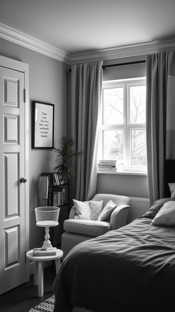 A cozy reading nook in a black and white bedroom featuring a comfortable chair, side table, and bookshelf.