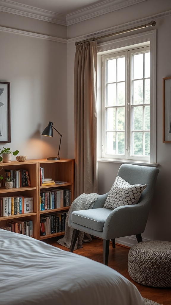 A cozy reading nook by a window with a comfortable chair, a small bookshelf filled with books, and a lamp.