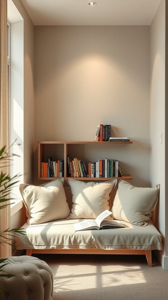 A cozy reading nook with a beige couch, big pillows, and a bookshelf filled with books, illuminated by natural light.