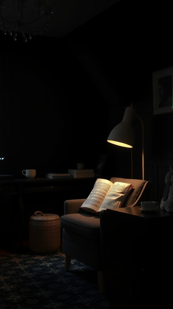 A cozy reading nook in a black bedroom featuring a soft armchair, a warm lamp, and a side table with a cup of tea.