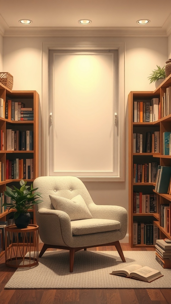 Cozy reading nook with a plush chair, bookshelves, and ambient lighting