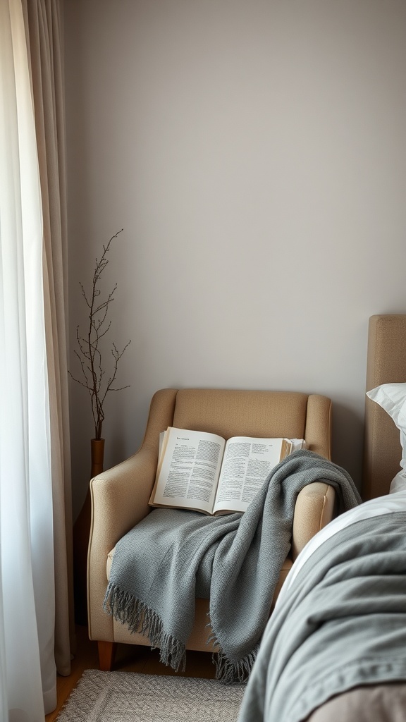 Cozy reading nook featuring a beige armchair with a grey blanket and an open book.
