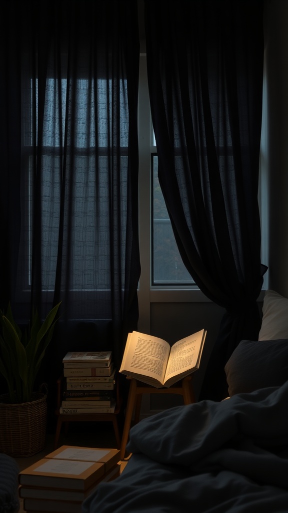 A cozy reading nook featuring black curtains, an open book on a stand, and a stack of books beside a plant.
