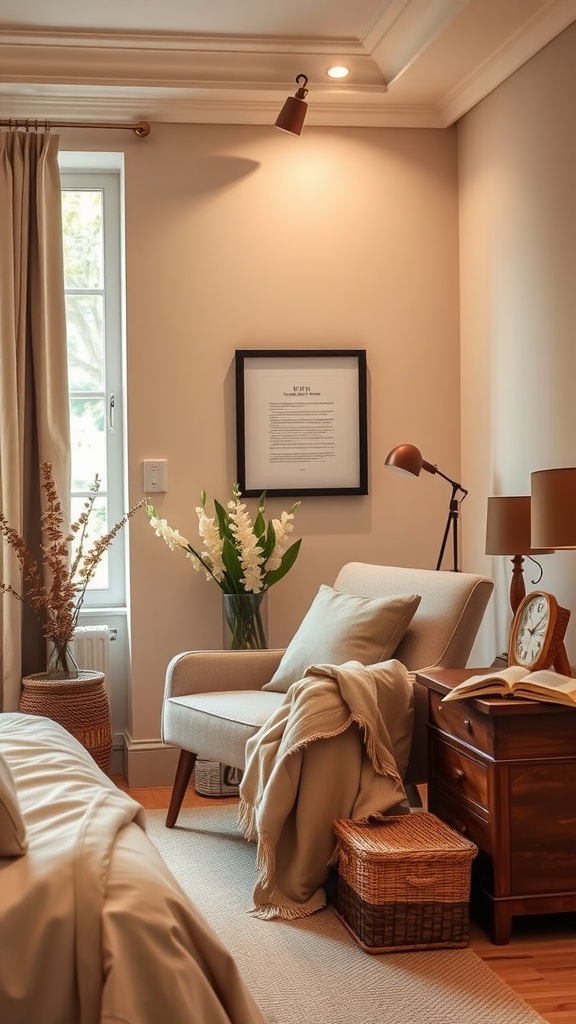 A cozy reading nook featuring a light beige armchair, brown wooden side table, and decorative flowers, creating a warm and inviting space.