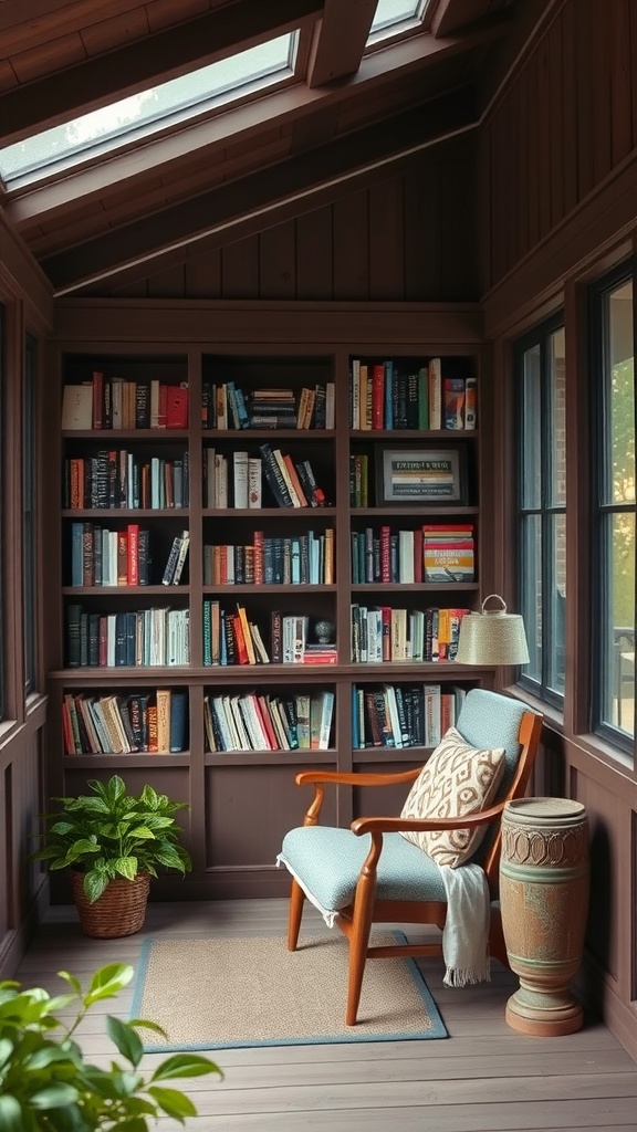 Cozy reading nook with built-in shelves, a comfortable chair, and a small plant