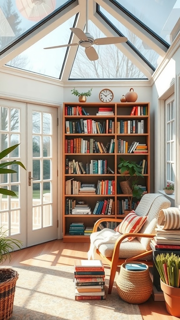 A cozy reading nook in a sunroom with a comfortable chair, wooden bookshelf filled with books, and large windows allowing natural light.