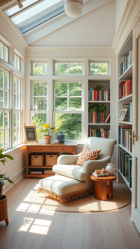 A bright sunroom with large windows, a cozy chair, and bookshelves filled with books.
