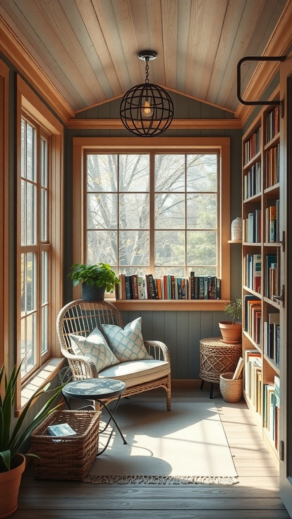Cozy reading nook with large windows, rattan chair, and bookshelves