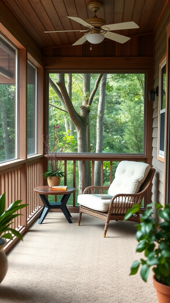 Screened-in back porch with a cozy chair, small table, and plants, overlooking green trees.