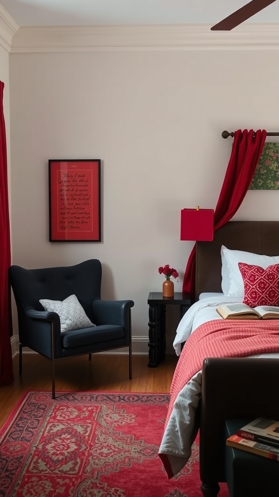 Cozy reading nook featuring a blue chair, red accents, and a patterned rug