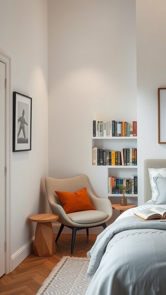 A cozy reading nook in a modern bedroom featuring a comfortable chair, a side table, and a bookshelf.