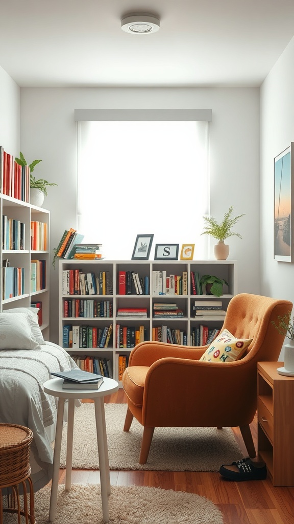 A cozy reading nook in a teen's bedroom featuring an orange chair, bookshelves filled with books, and a bright window.