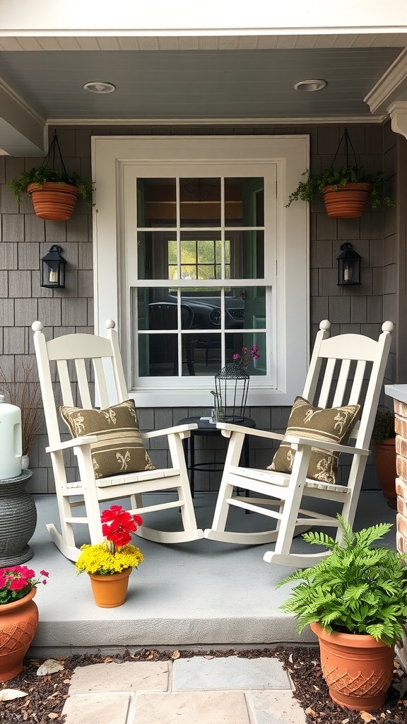 Two white rocking chairs with cushions on a small front porch, surrounded by potted plants and a small table.