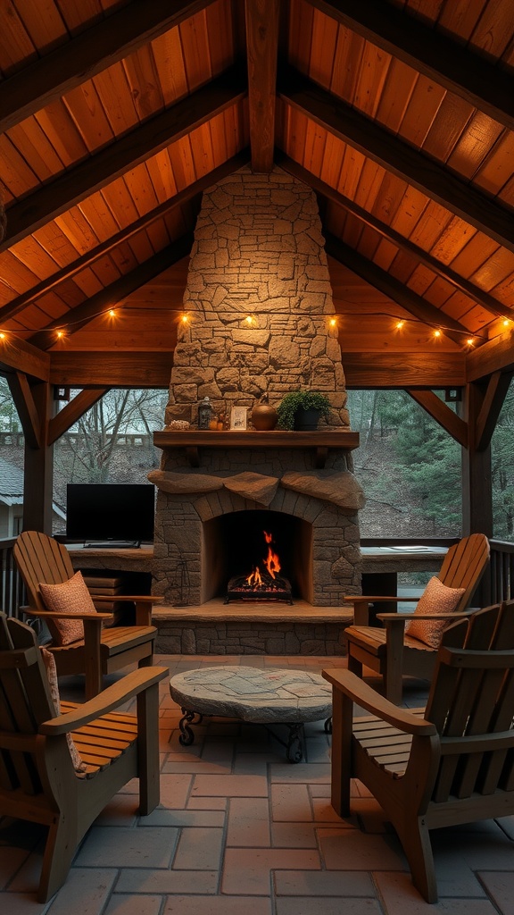 Cozy covered patio with a stone fireplace, wooden chairs, and warm lighting.